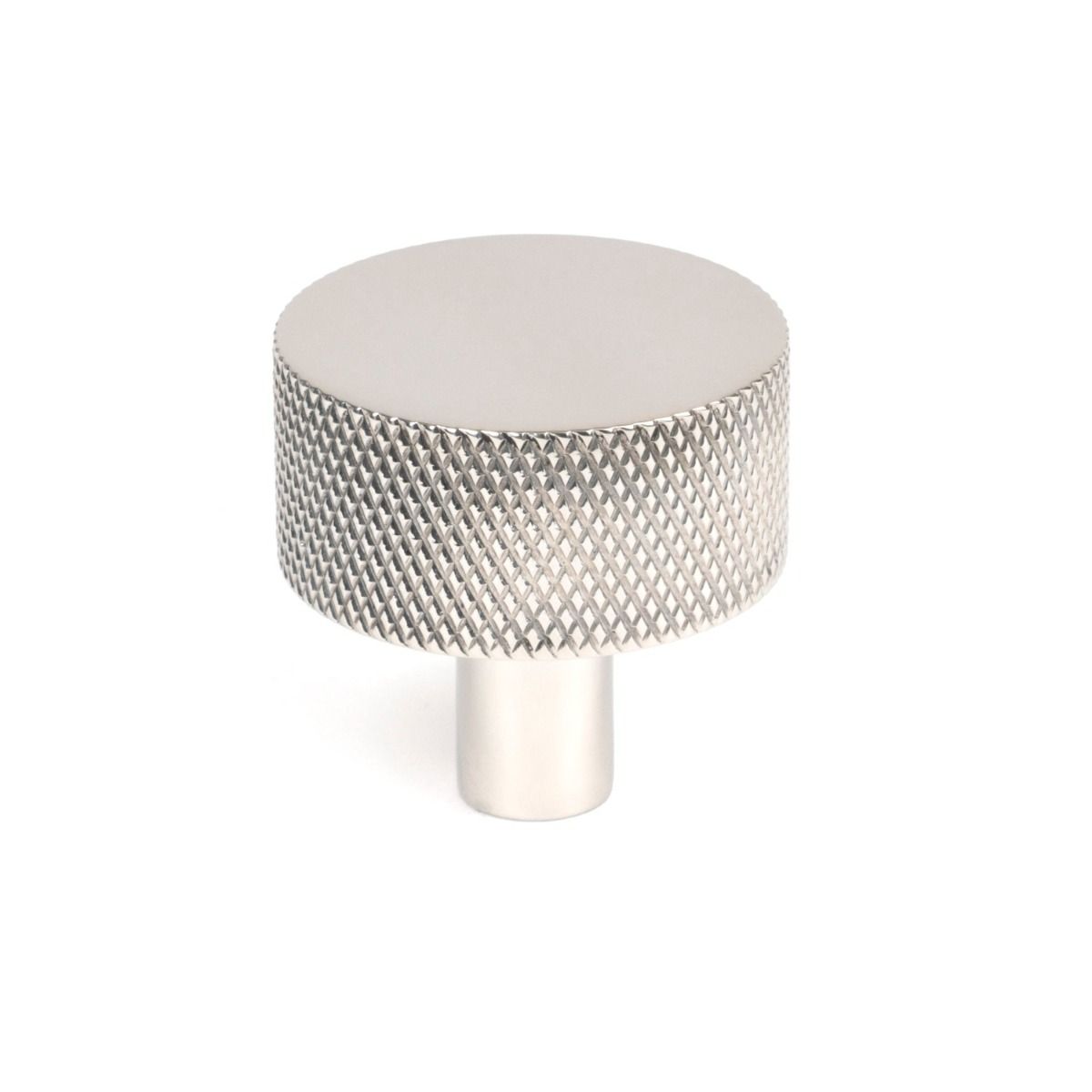 The 32mm Knurled Cabinet Knob (No Rose) in Polished Stainless Steel Shown Upright on a White Background