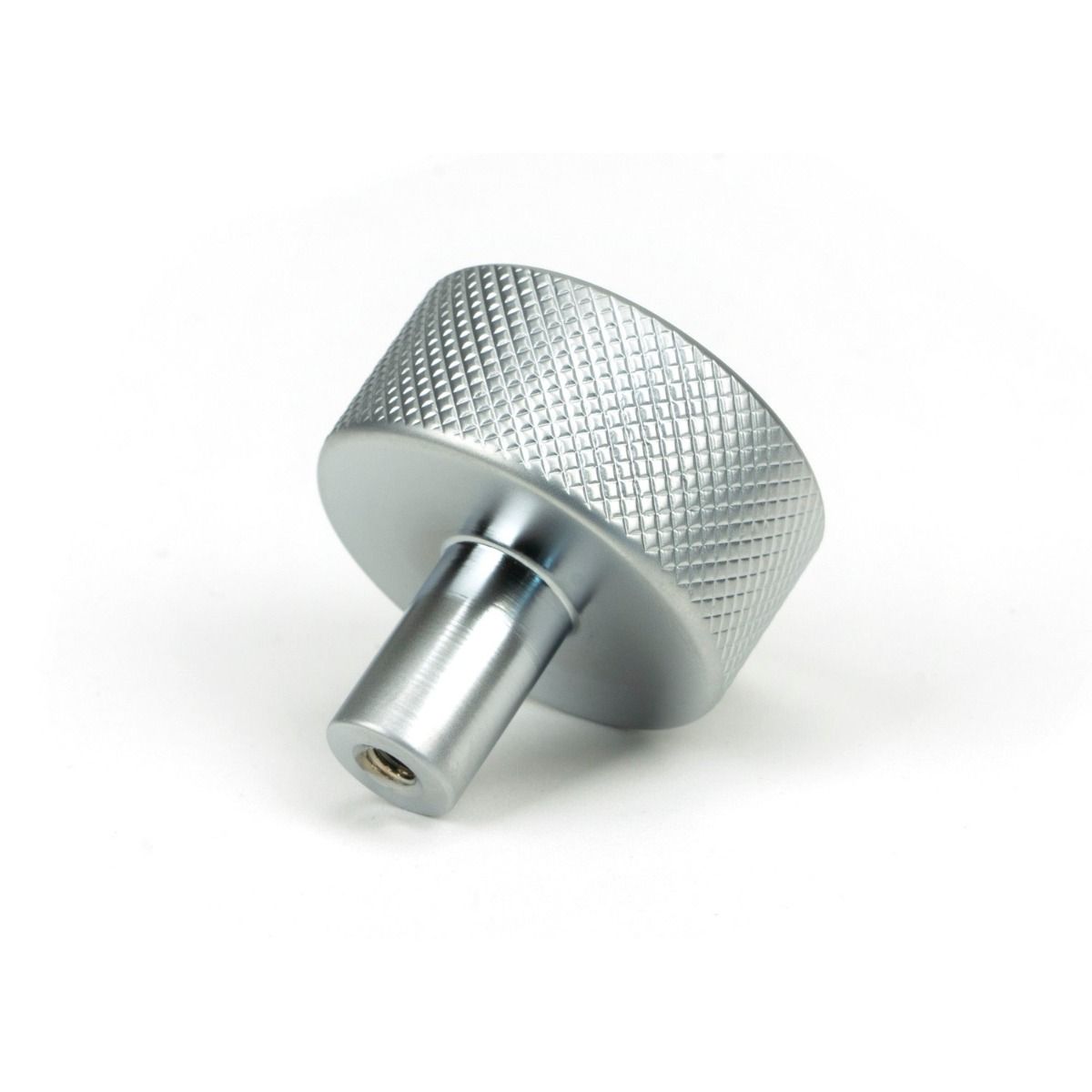 The 32mm Knurled Cabinet Knob (No Rose) in Satin Chrome Shown from Behind on a White Background