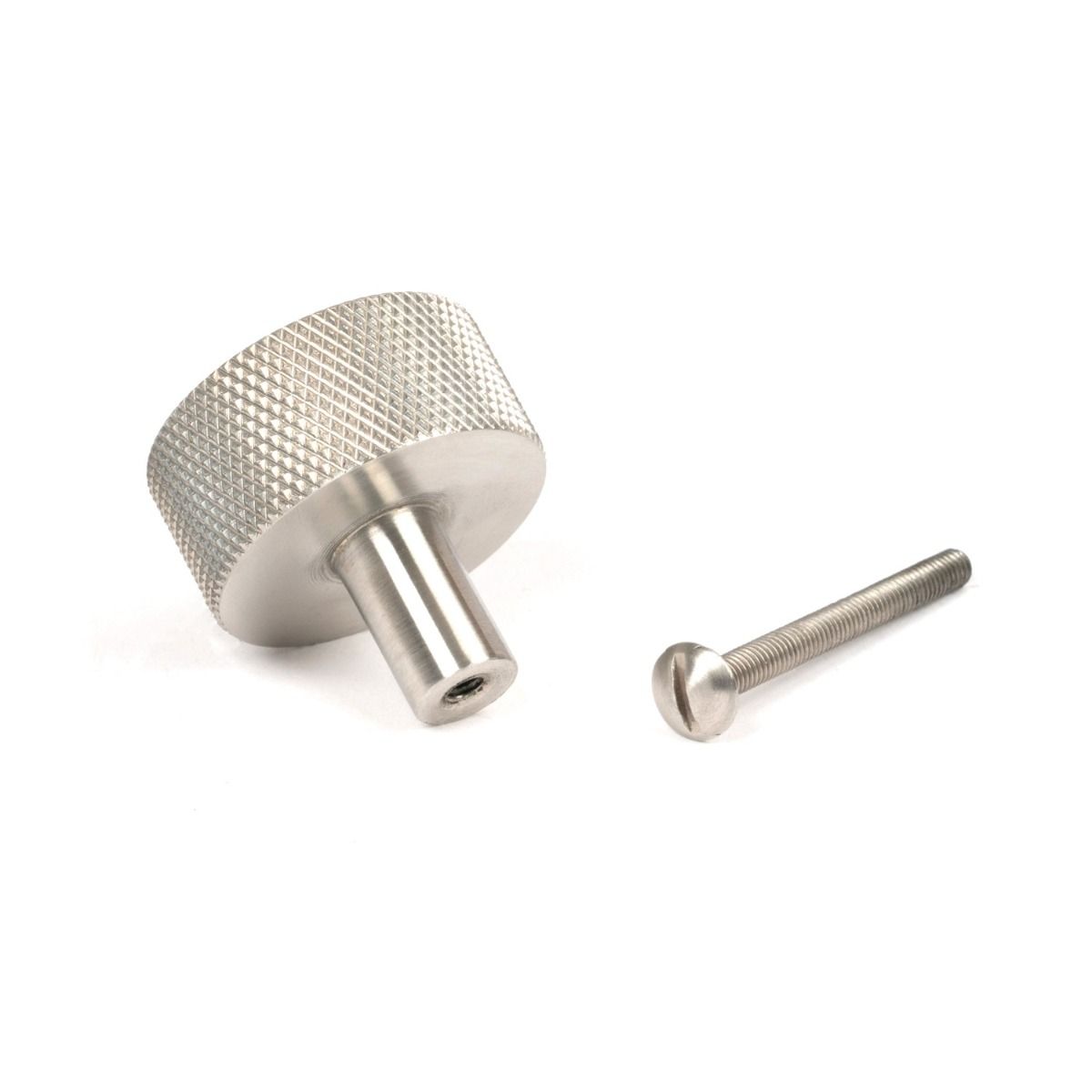 The 32mm Knurled Cabinet Knob (No Rose) in Satin Stainless Steel Displayed with Fittings