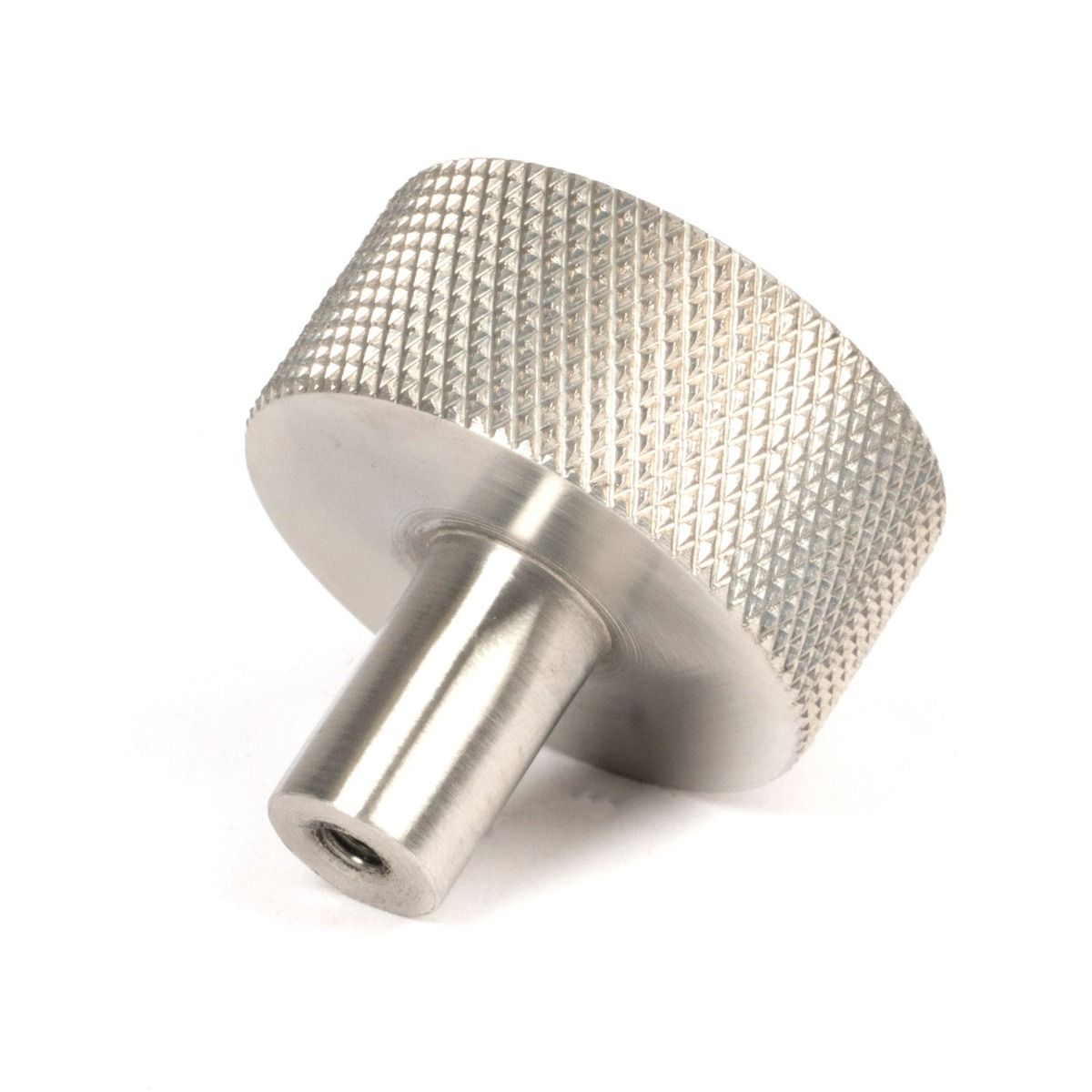 The 32mm Knurled Cabinet Knob (No Rose) in Satin Stainless Steel Shown from Behind on a White Background