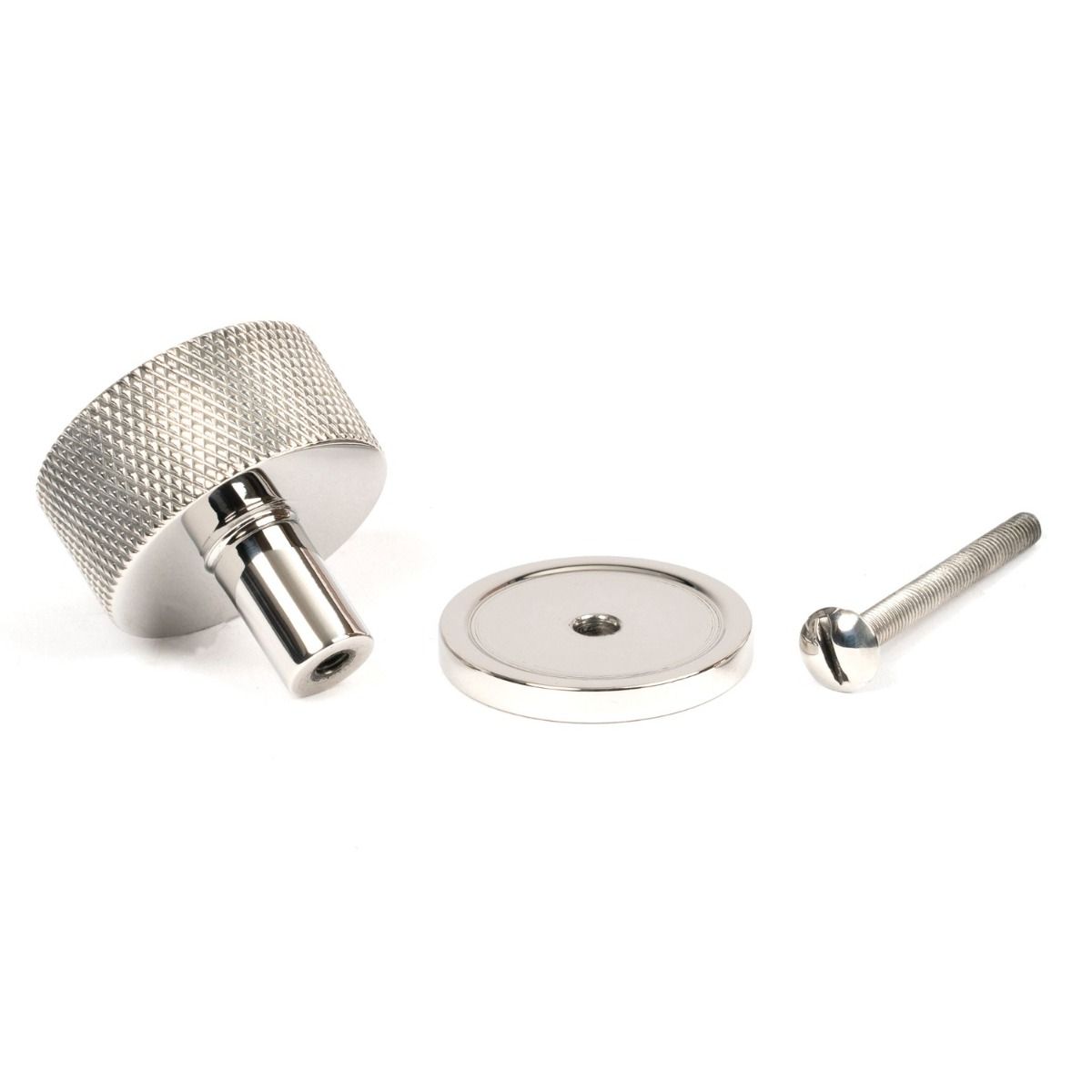 The 32mm Knurled Cabinet Knob on a Plain Rose in Polished Stainless Steel Displayed with Fittings