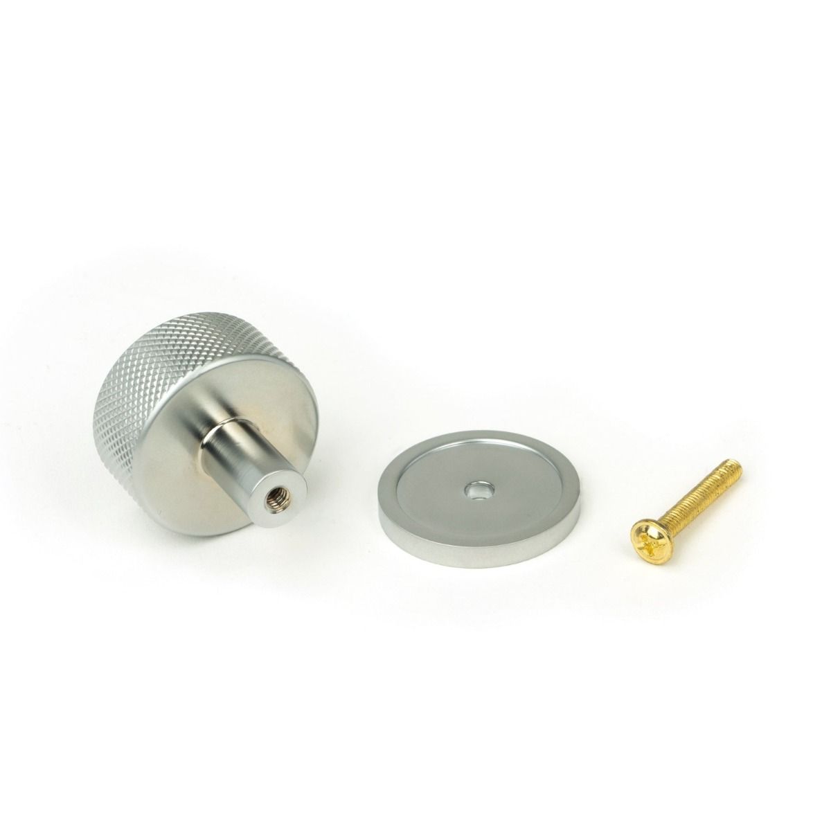The 32mm Knurled Cabinet Knob on a Plain Rose in Satin Chrome Displayed with Fittings