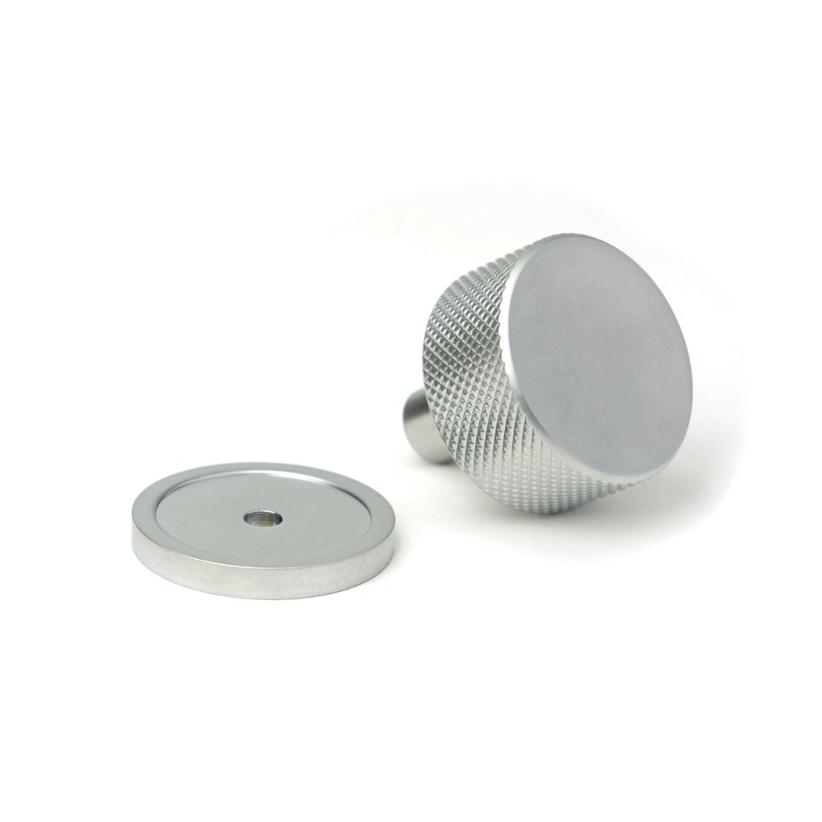 The 32mm Knurled Cabinet Knob on a Plain Rose in Satin Chrome Shown in Separate Sections