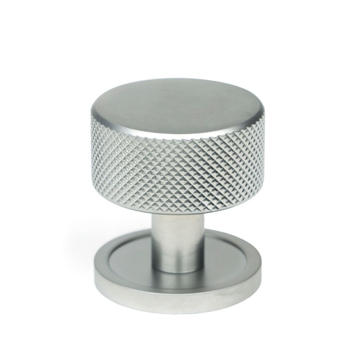The 32mm Knurled Cabinet Knob on a Plain Rose in Satin Chrome Shown Upright on a White Background