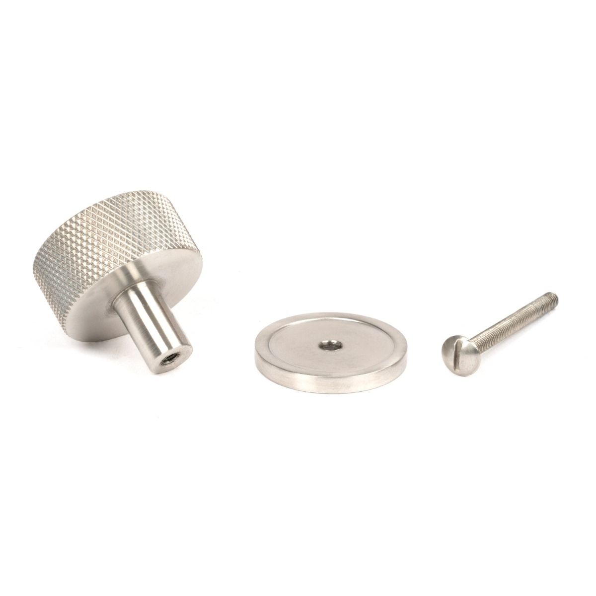 The 32mm Knurled Cabinet Knob on a Plain Rose in Satin Stainless Steel Displayed with Fittings