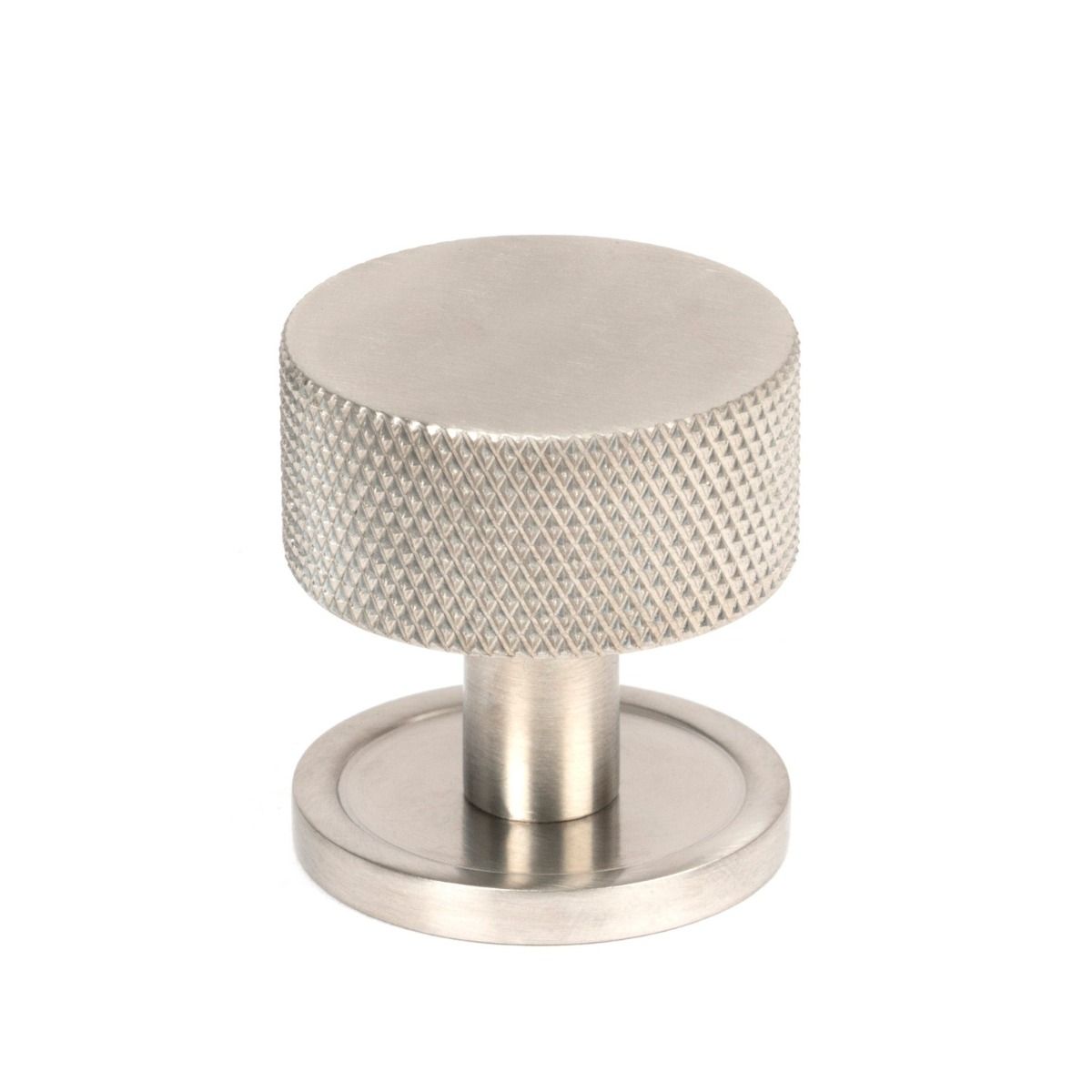 The 32mm Knurled Cabinet Knob on a Plain Rose in Satin Stainless Steel Shown Upright on a White Background