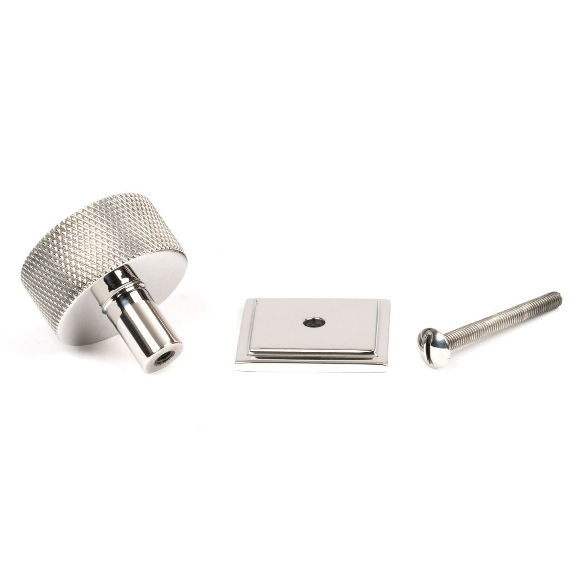 The 32mm Knurled Cabinet Knob on a Square Rose in Polished Stainless Steel Displayed with Fittings