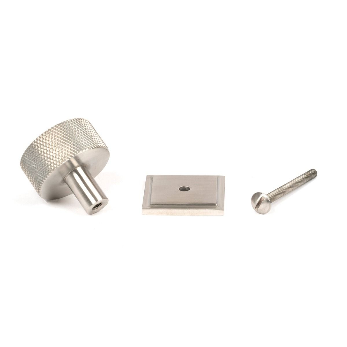 The 32mm Knurled Cabinet Knob on a Square Rose in Satin Stainless Steel Displayed with Fittings