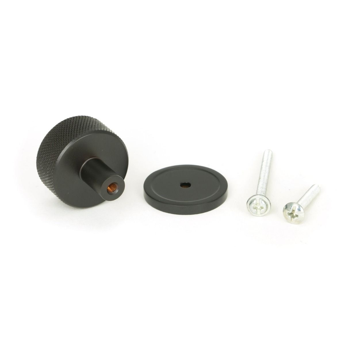 The 32mm Knurled Cabinet Knob on Plain Rose in Aged Bronze Shown with Fitting Bolt on a White Background