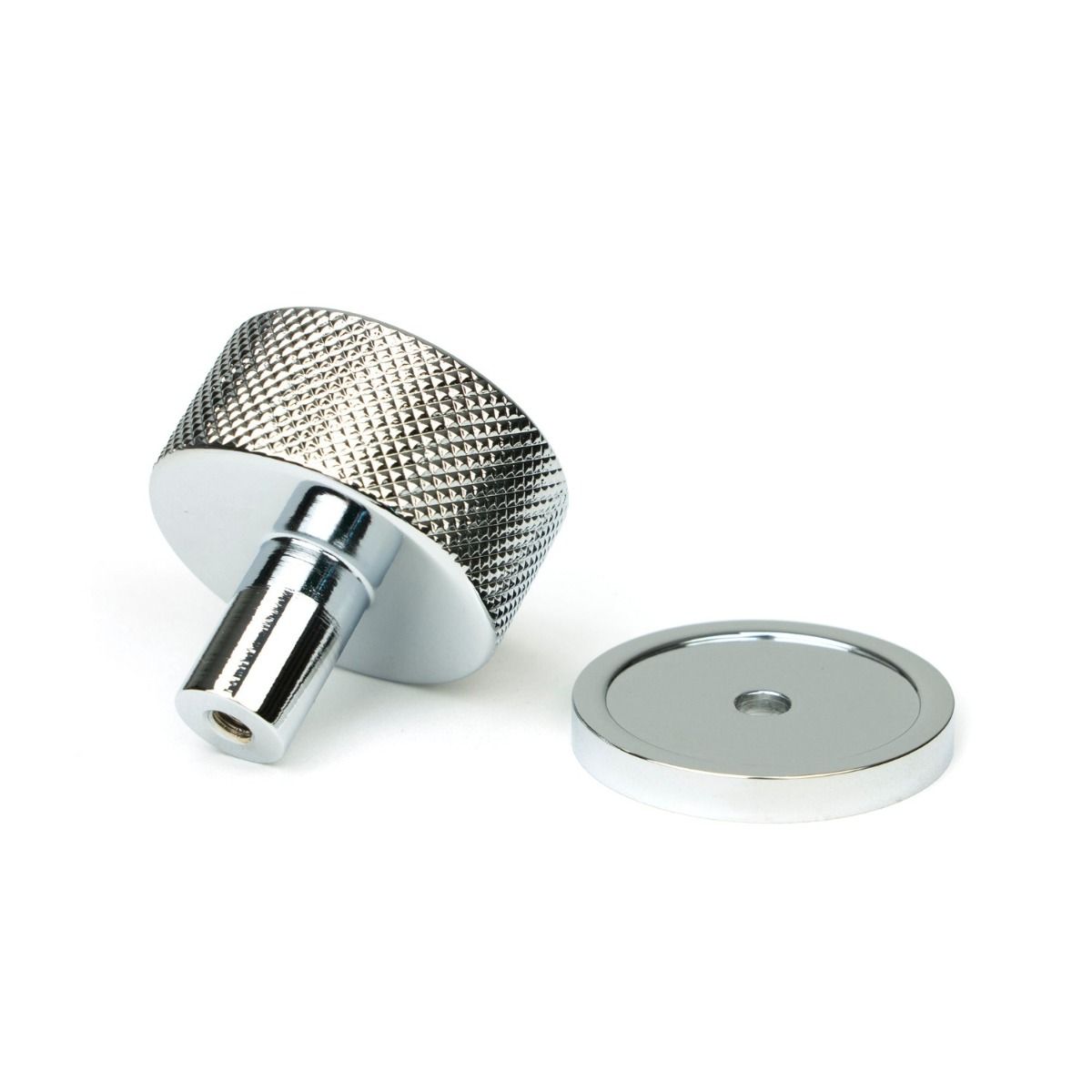 The 32mm Knurled Cabinet Knob on Plain Rose in Polished Chrome Shown from Behind with the Rose