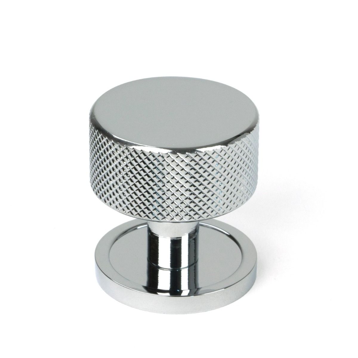 The 32mm Knurled Cabinet Knob on Plain Rose in Polished Chrome Shown Upright on a White Background