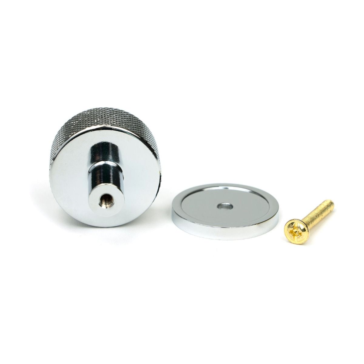 The 32mm Knurled Cabinet Knob on Plain Rose in Polished Chrome Shown with Fitting Bolt on a White Background