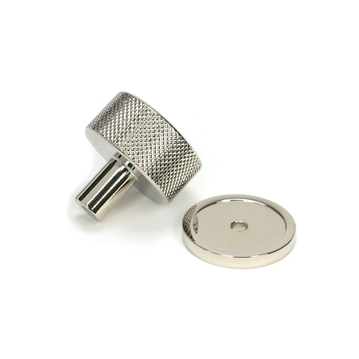The 32mm Knurled Cabinet Knob on Plain Rose in Polished Nickel Shown from Behind with the Rose