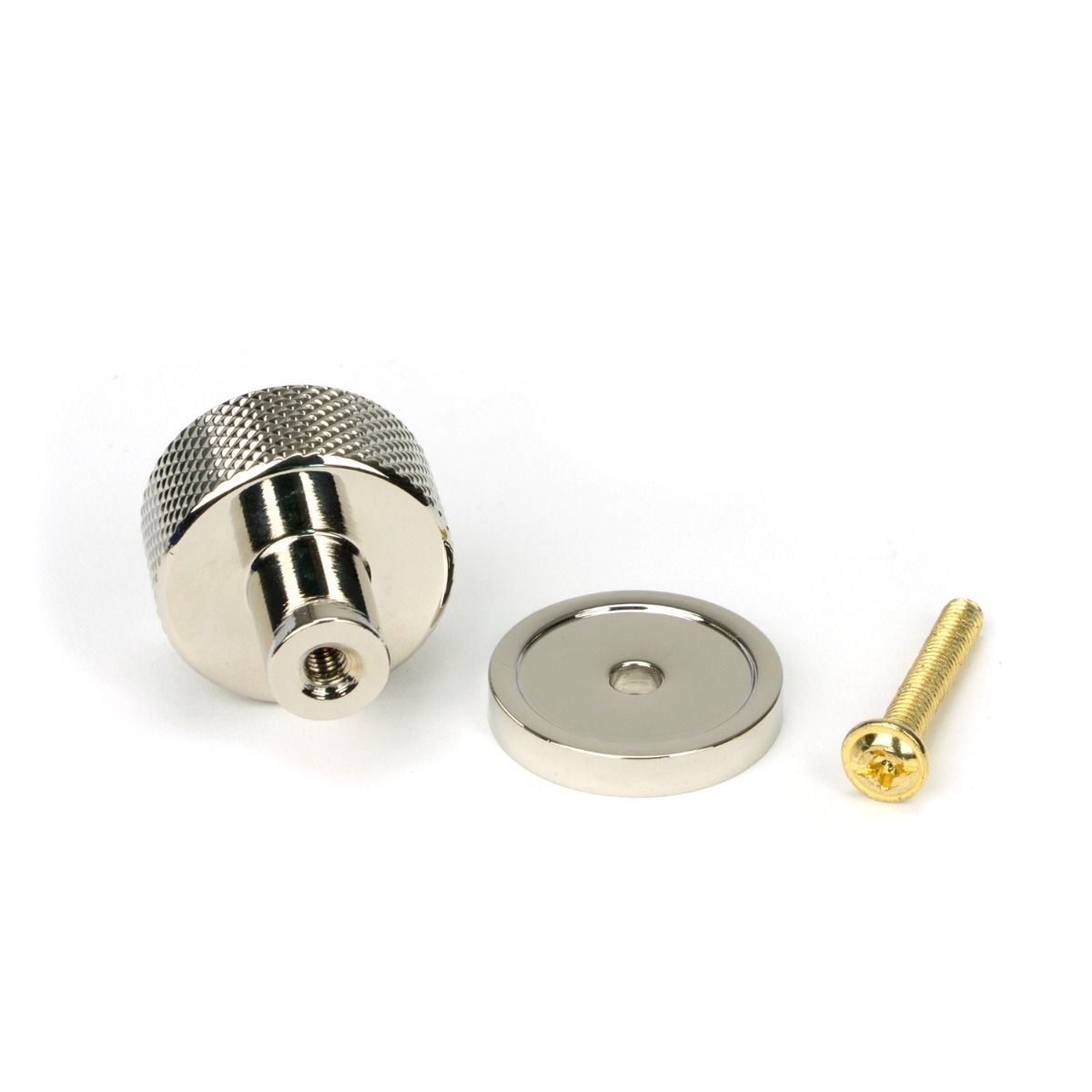 The 32mm Knurled Cabinet Knob on Plain Rose in Polished Nickel Shown with Fitting Bolt on a White Background