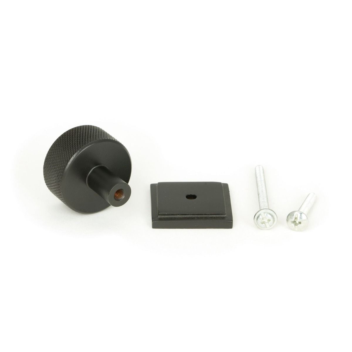 The 32mm Knurled Cabinet Knob on Square Rose in Aged Bronze Displayed with Fittings