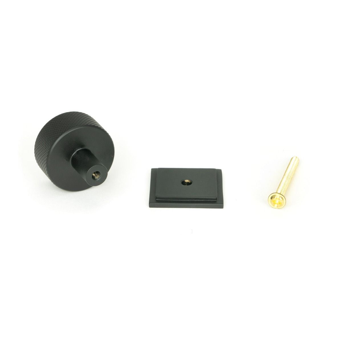 The 32mm Knurled Cabinet Knob on Square Rose in Matt Black Displayed with Fittings