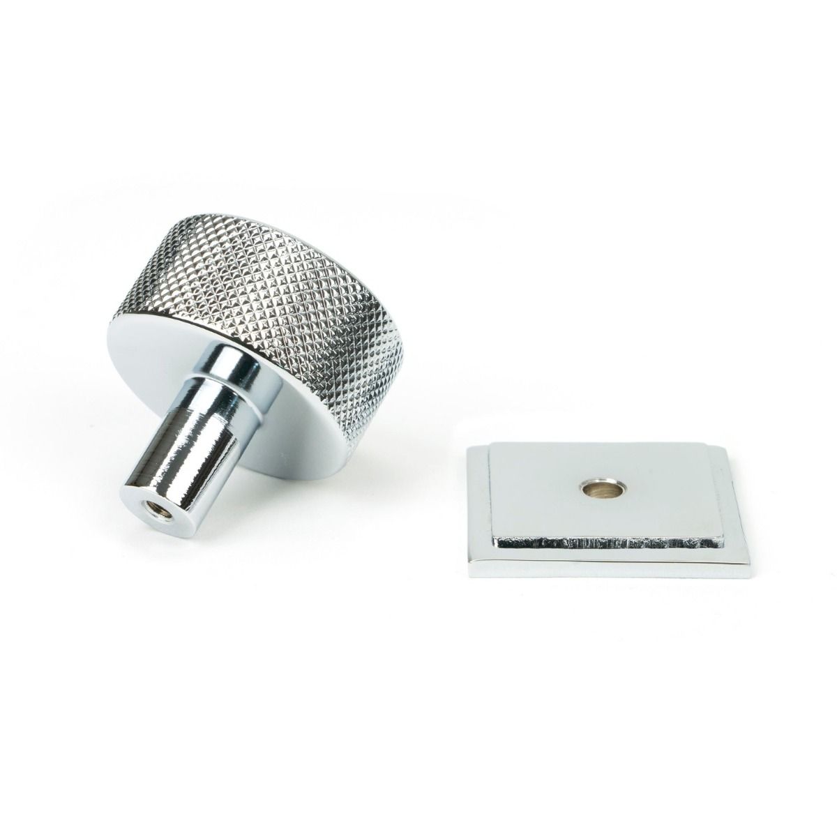 The 32mm Knurled Cabinet Knob on Square Rose in Polished Chrome Shown from Behind with the Rose