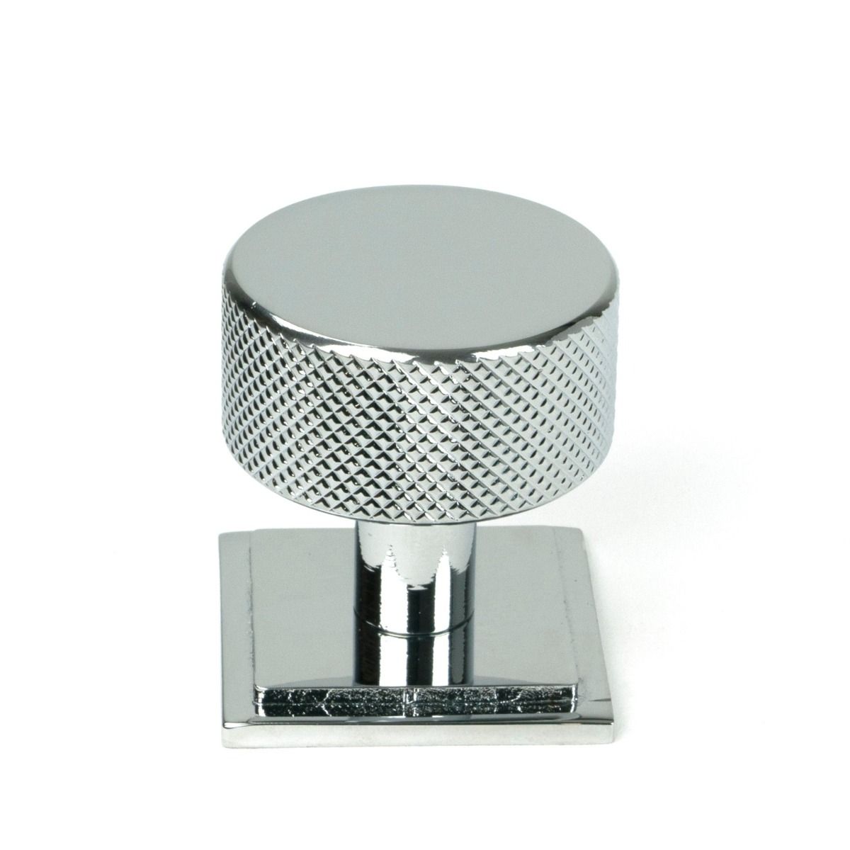 The 32mm Knurled Cabinet Knob on Square Rose in Polished Chrome Shown Upright on a White Background