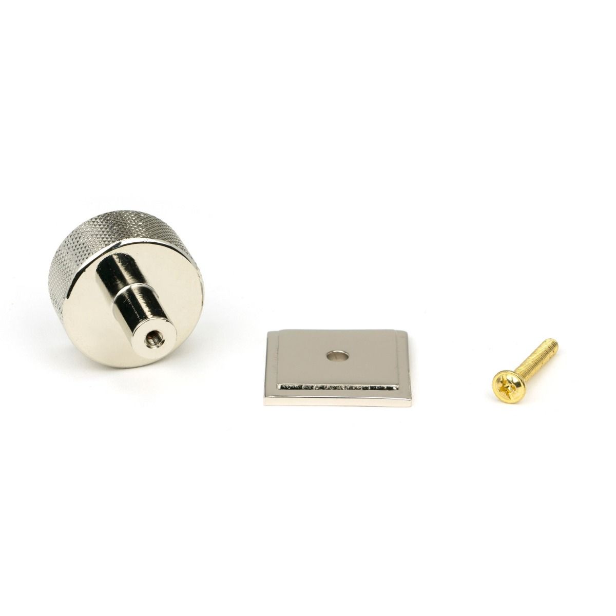 The 32mm Knurled Cabinet Knob on Square Rose in Polished Nickel Shown with Fitting Bolt on a White Background