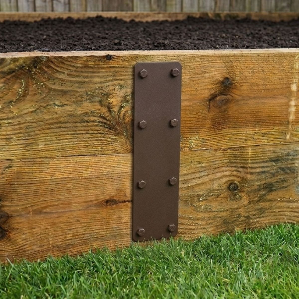 The 350mm Brown Railway Sleeper Straight Joining Plate on a Timber Raised Planter - Digital Illustration