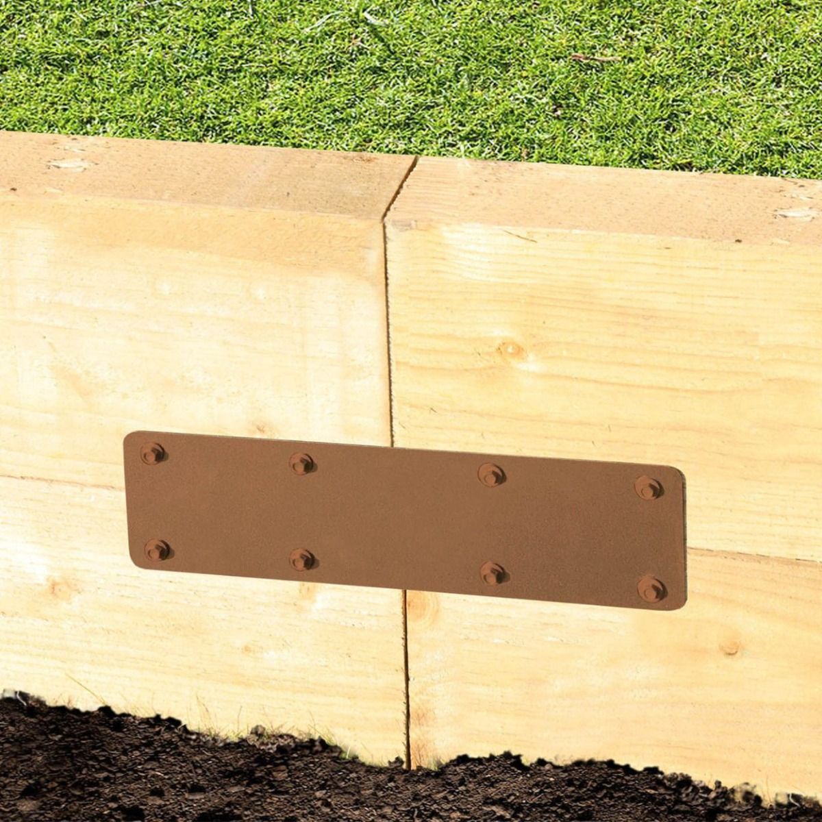 The 350mm Brown Railway Sleeper Straight Joining Plate Shown Fitted to a Raised Planter Bed