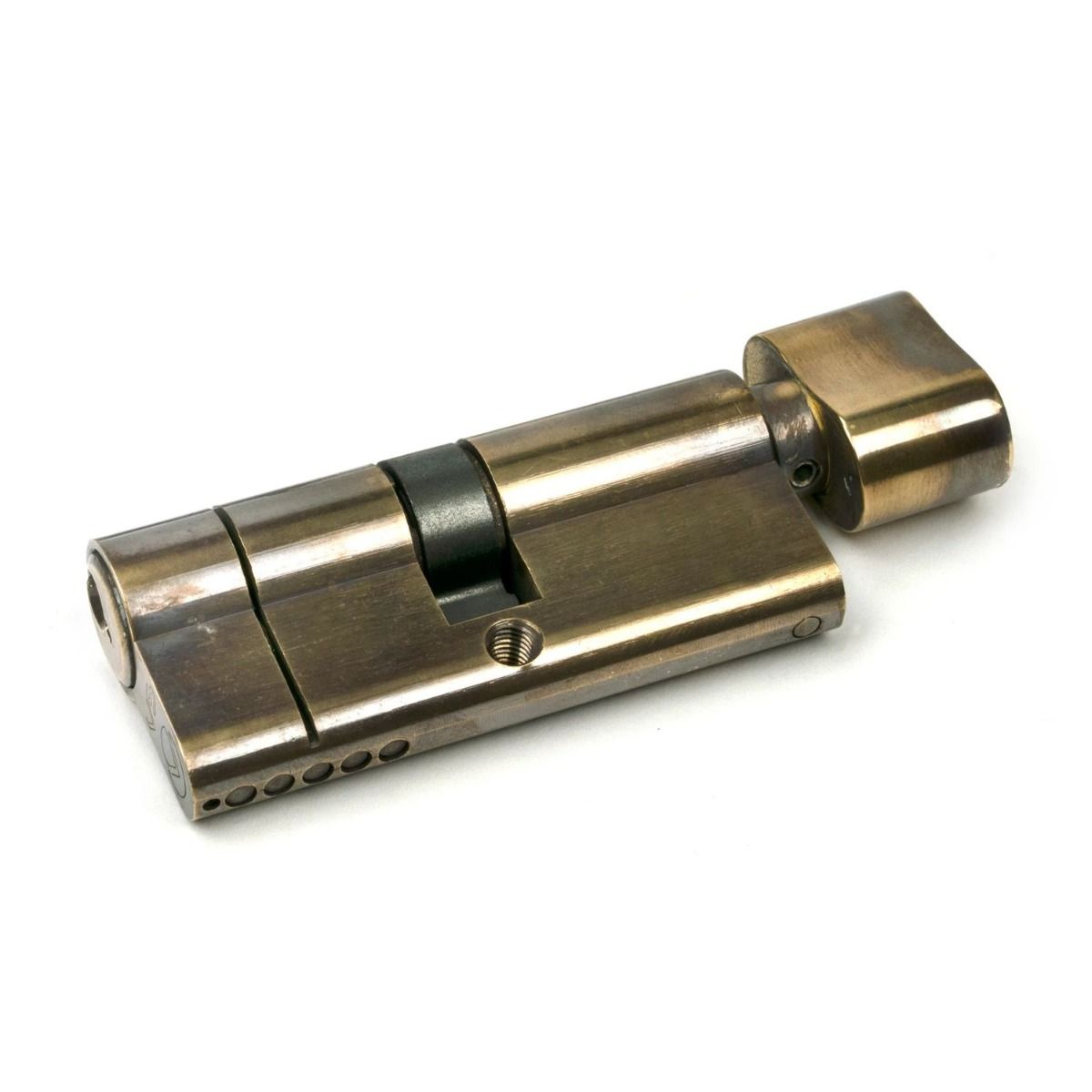 The 35/35 5-Pin Euro Cylinder Thumbturn Lock Keyed Alike in Aged Brass on a White Background 