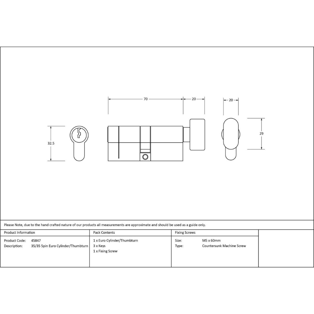 The 35/35 5-Pin Euro Cylinder Thumbturn Lock Keyed Alike in Aged Bronze Technical Drawings and Dimensions 