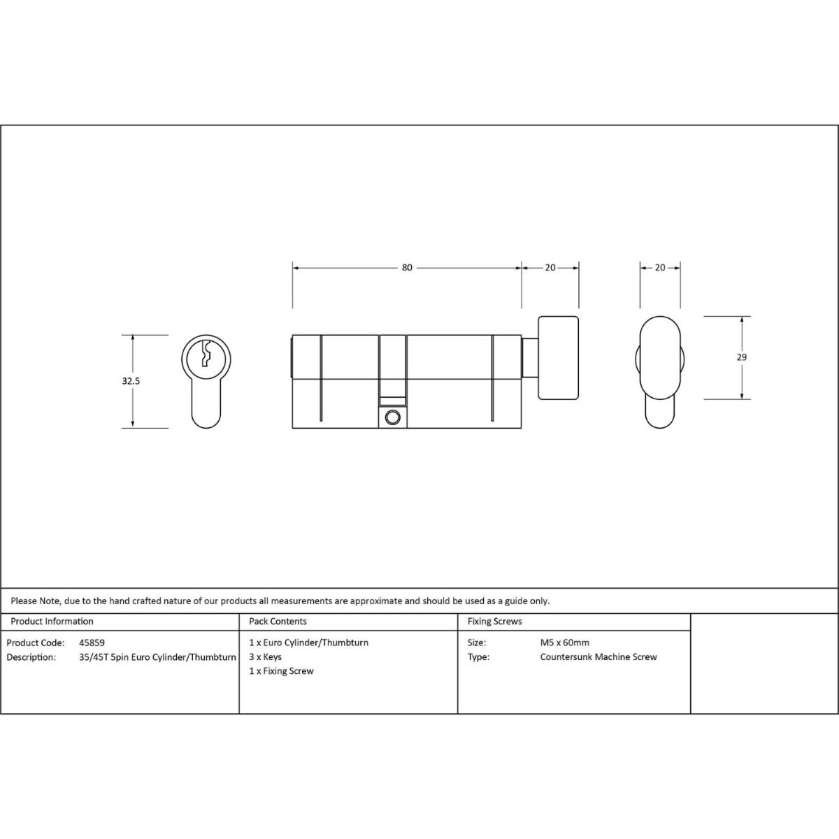 The 35/45T 5-Pin Euro Cylinder Thumbturn Lock Keyed to Differ in Aged Bronze Technical Drawings and Dimensions 