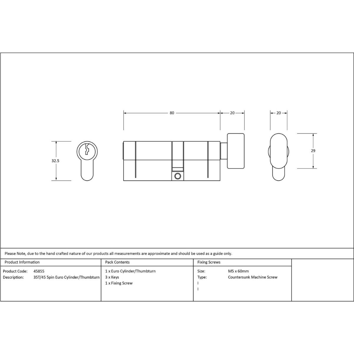 The 35T/45 5-Pin Euro Cylinder Thumbturn Lock Keyed to Differ in Pewter Technical Drawings and Dimensions 