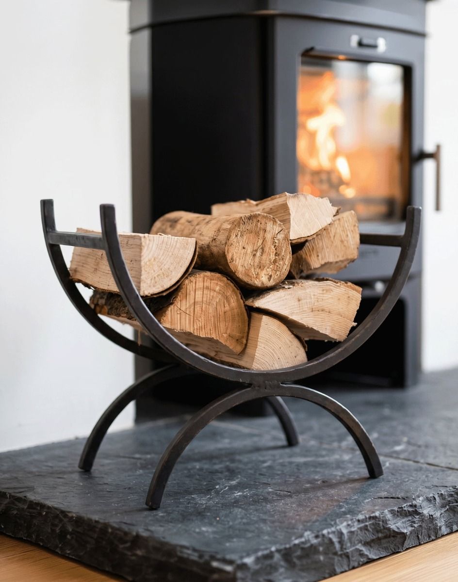 The 38cm Black Wrought Iron Curved Log Holder with some split dried logs ready for the Log Burner Stove