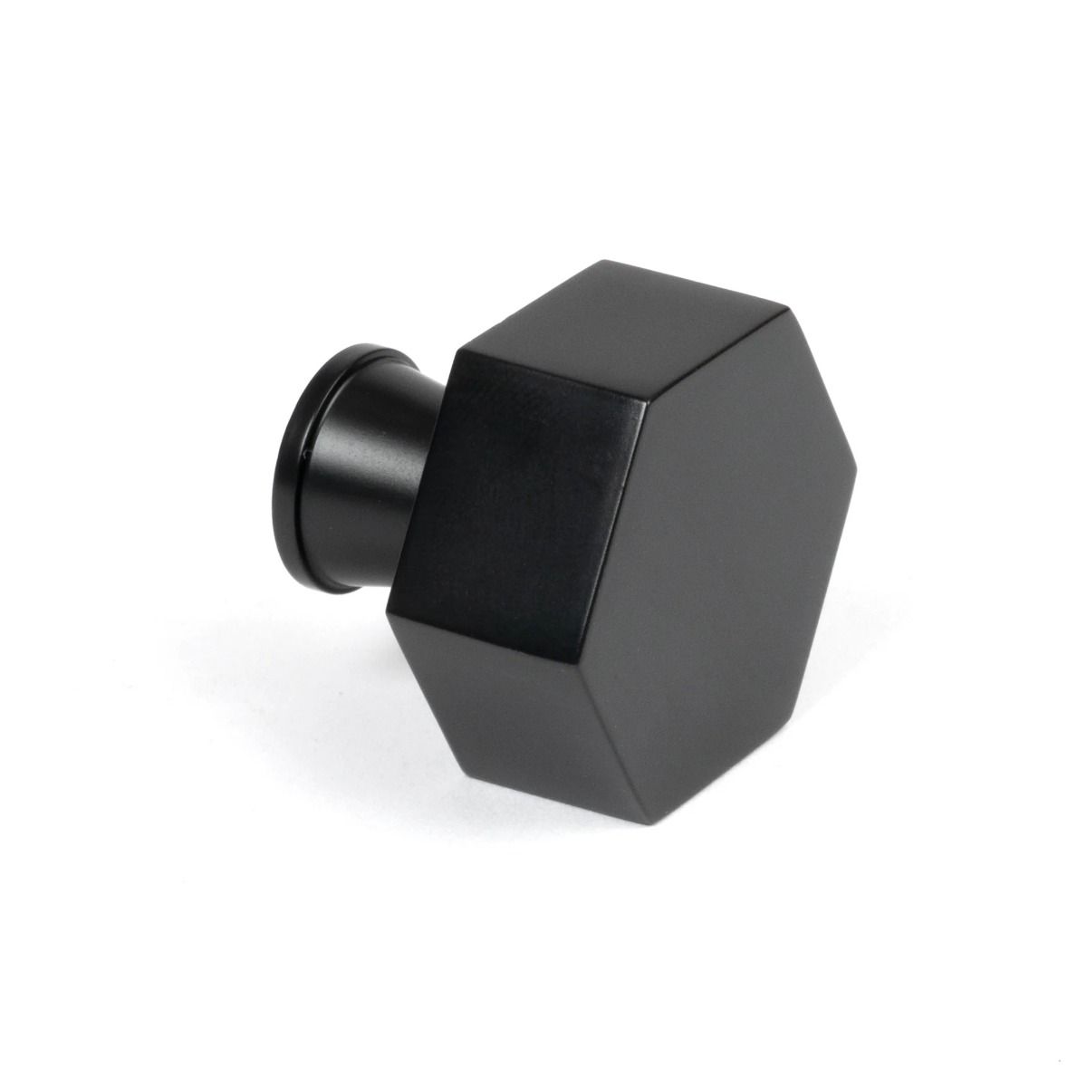 The 38mm "Vanguard" Hexagonal Cabinet Knob in Matt Black on a White Background Shown Side On