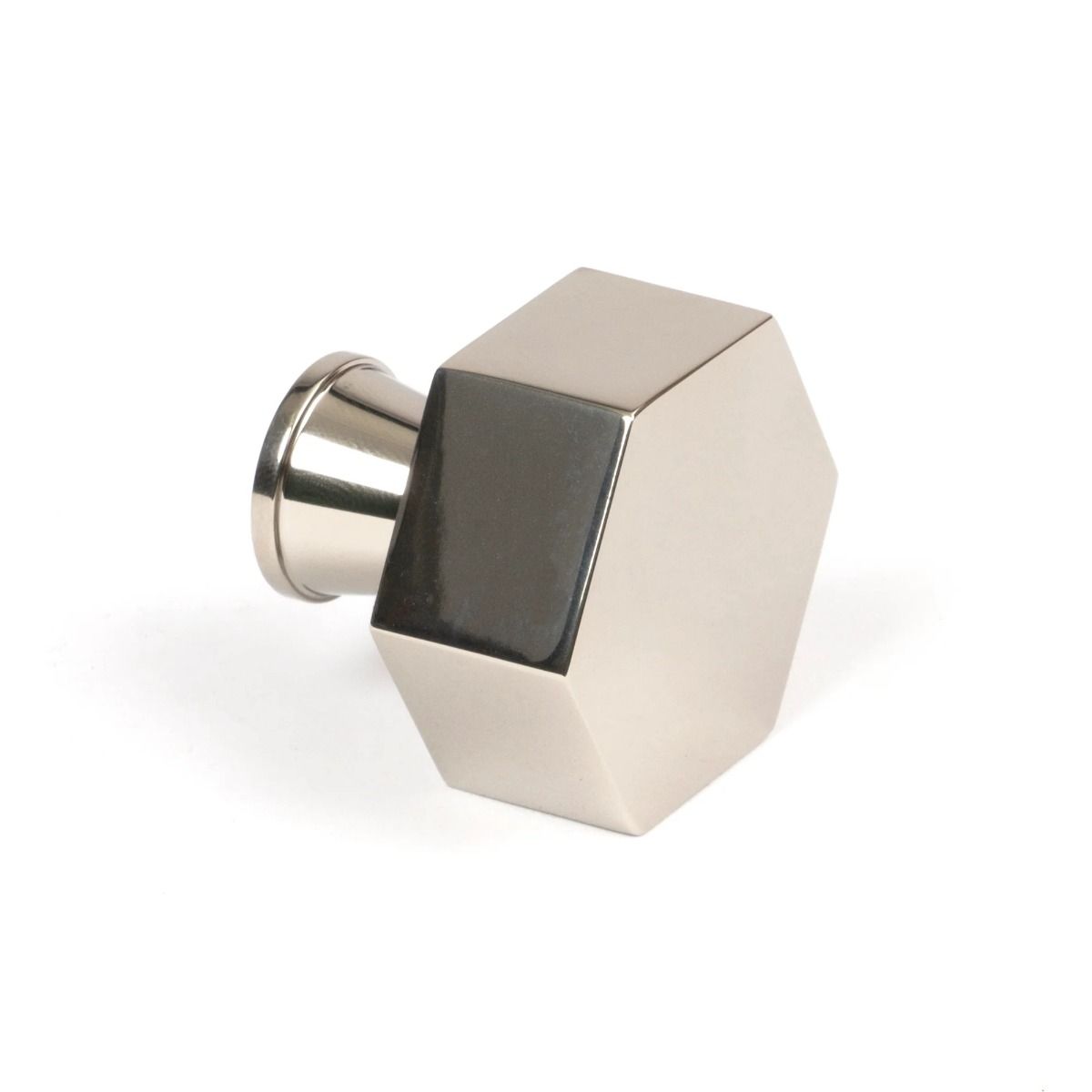 The 38mm "Vanguard" Hexagonal Cabinet Knob in Polished Nickel on a White Background Displayed On its Side