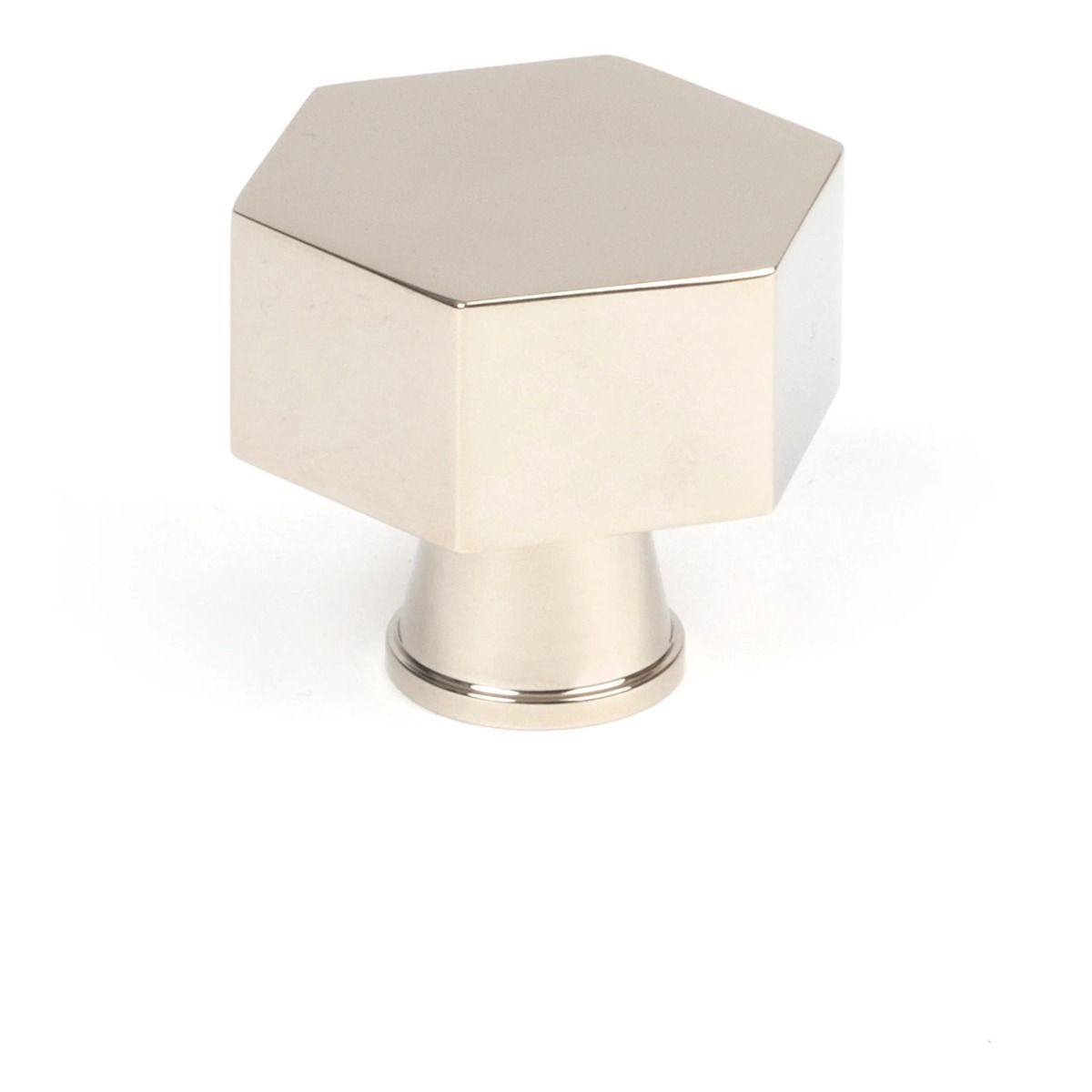 The 38mm "Vanguard" Hexagonal Cabinet Knob in Polished Nickel on a White Background Shown Stood Upright 