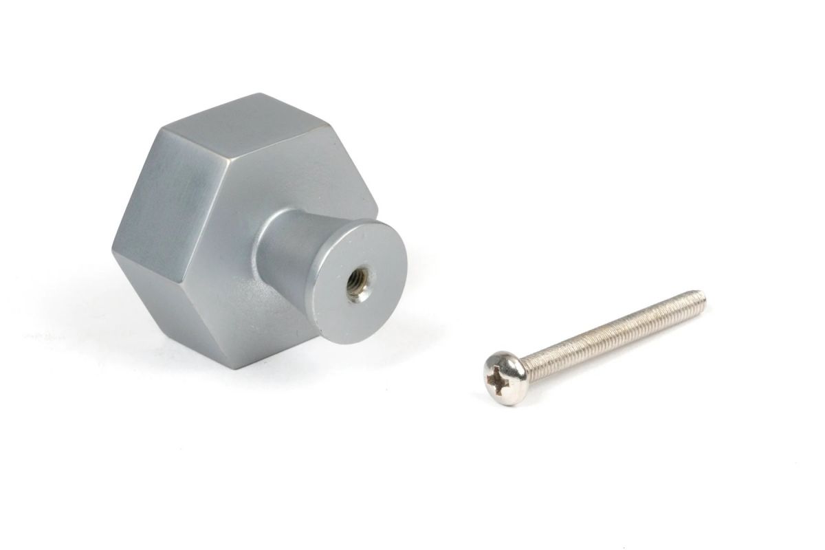 The 38mm "Vanguard" Hexagonal Cabinet Knob in Satin Chrome on a White Background Seen from Behind with the Screw