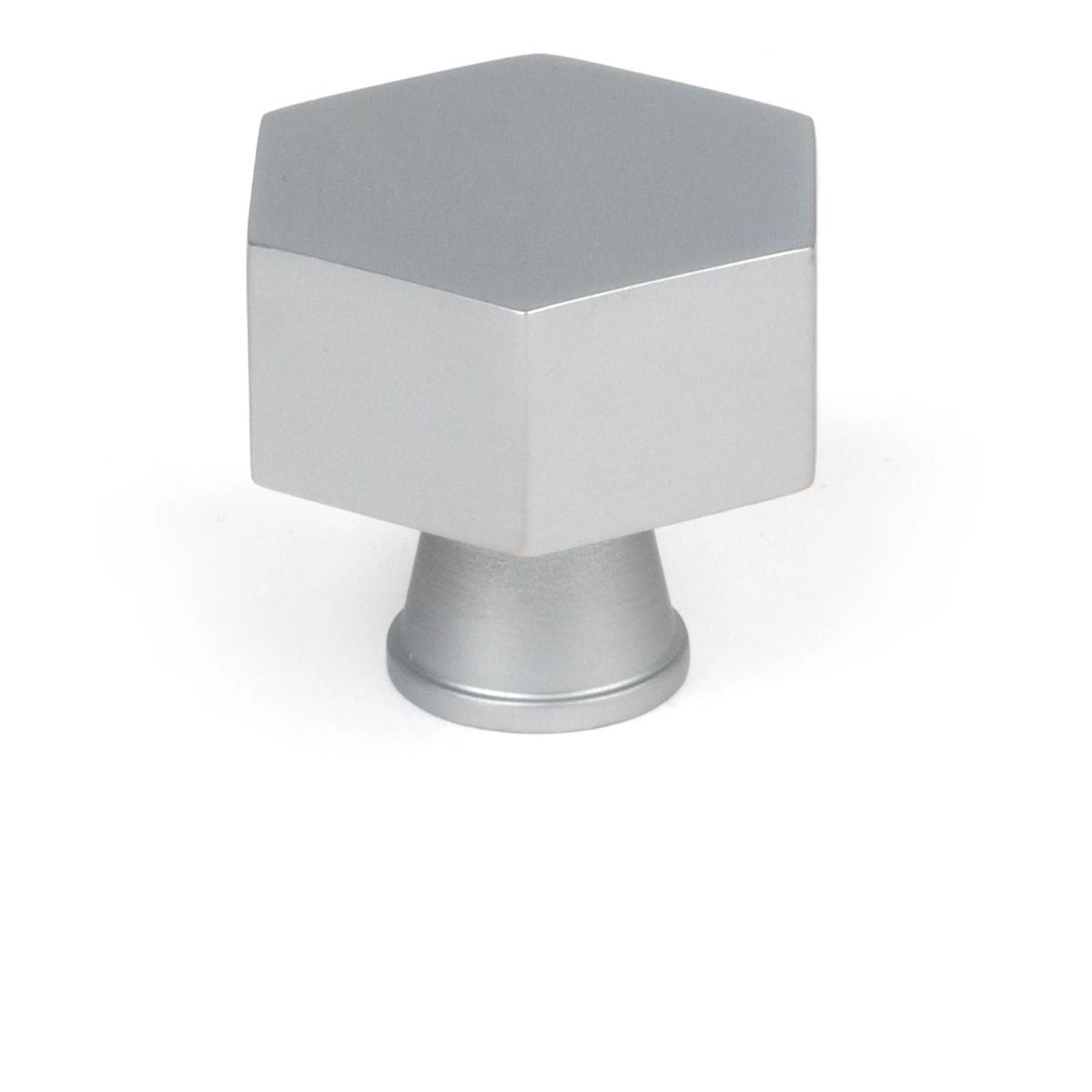 The 38mm "Vanguard" Hexagonal Cabinet Knob in Satin Chrome on a White Background Shown Standing Upright 
