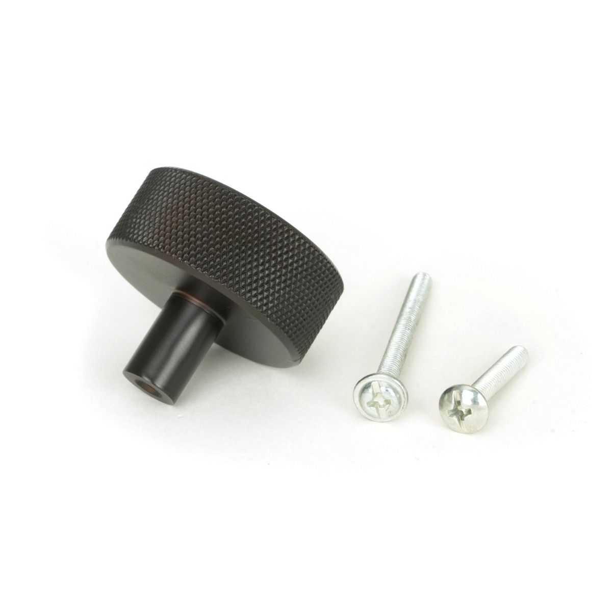 The 38mm Knurled Cabinet Knob (No Rose) in Aged Bronze Showing the Separate Components and Supplied Fitting