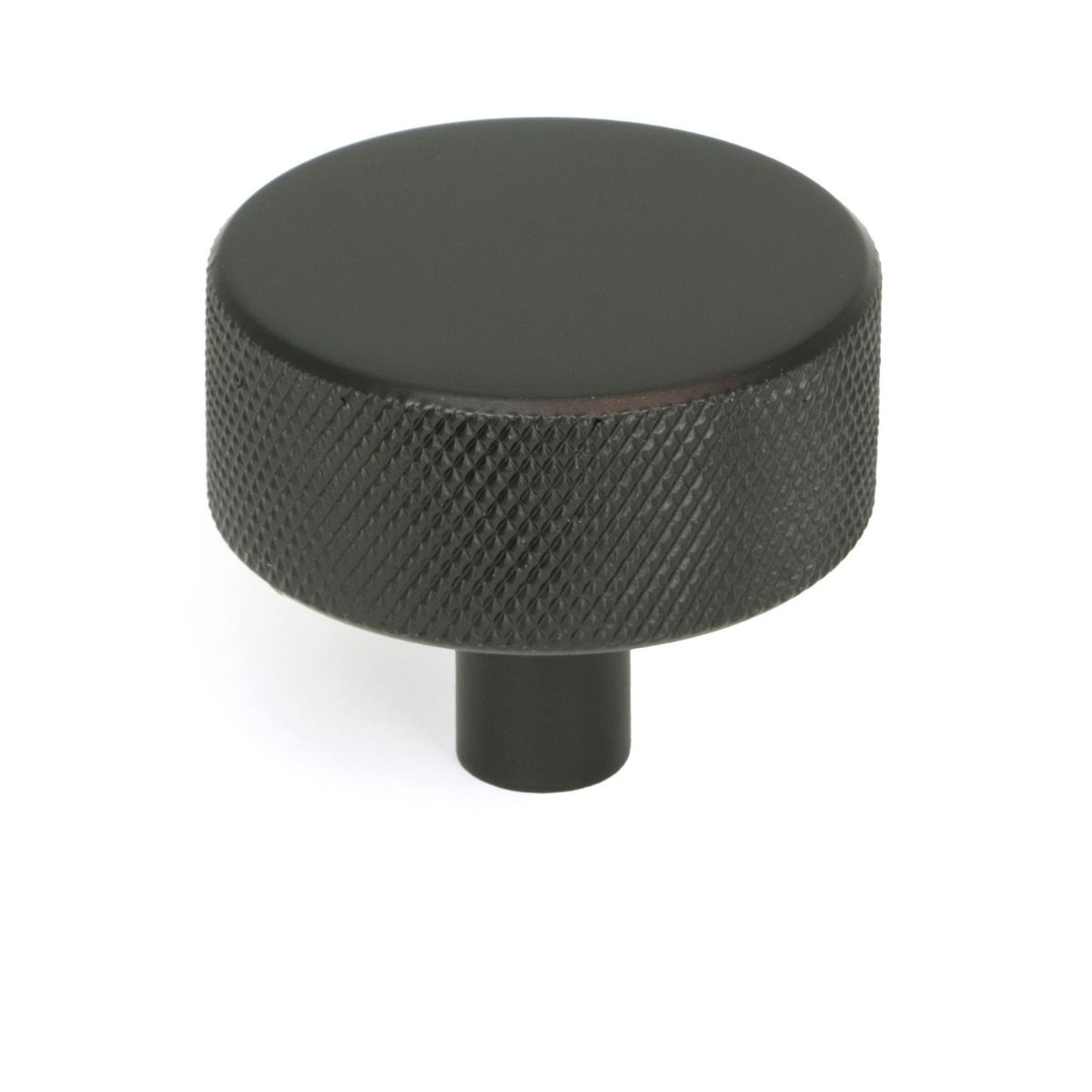 The 38mm Knurled Cabinet Knob (No Rose) in Aged Bronze Shown Upright on a White Background