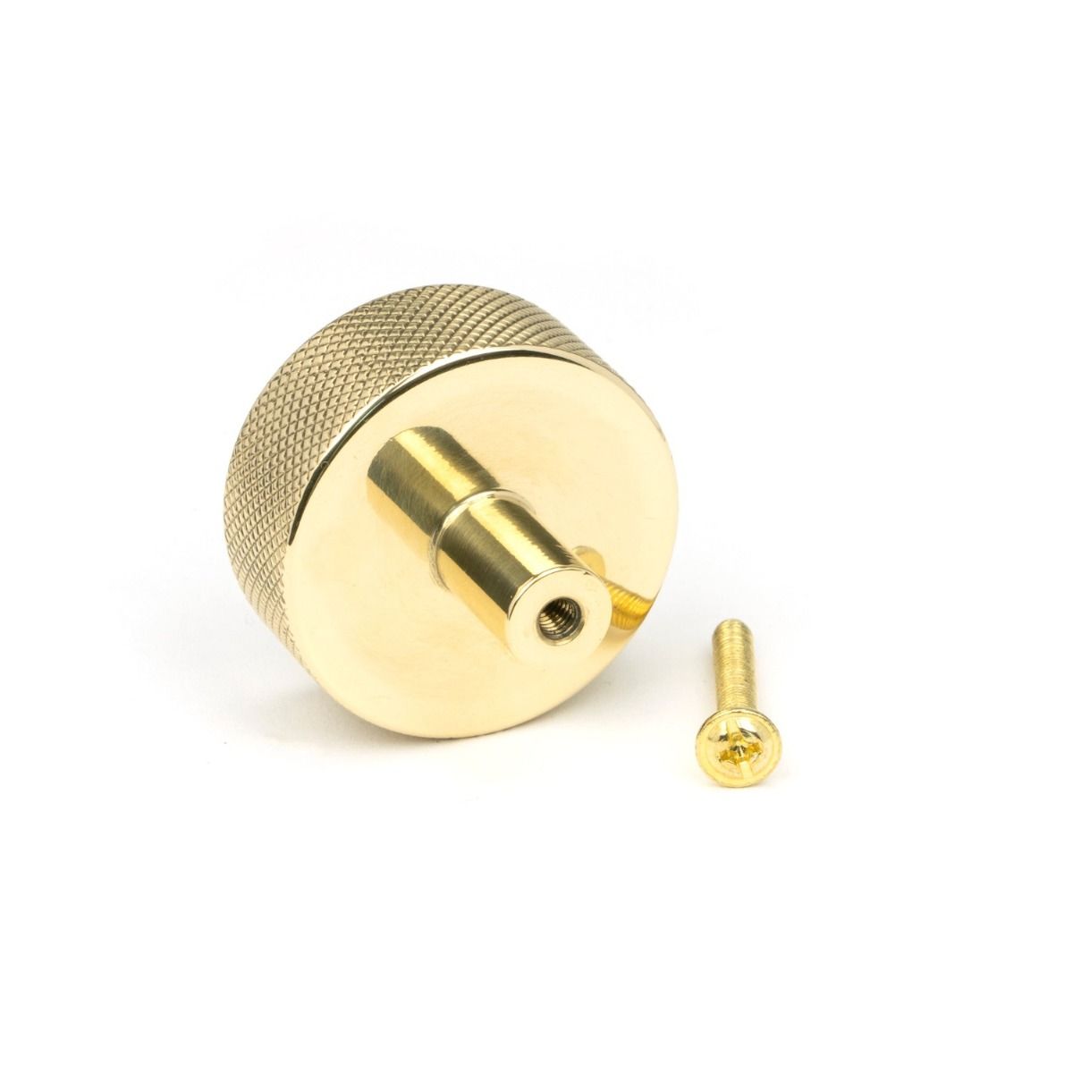 The 38mm Knurled Cabinet Knob (No Rose) in Polished Brass Displayed with Fitting Bolt