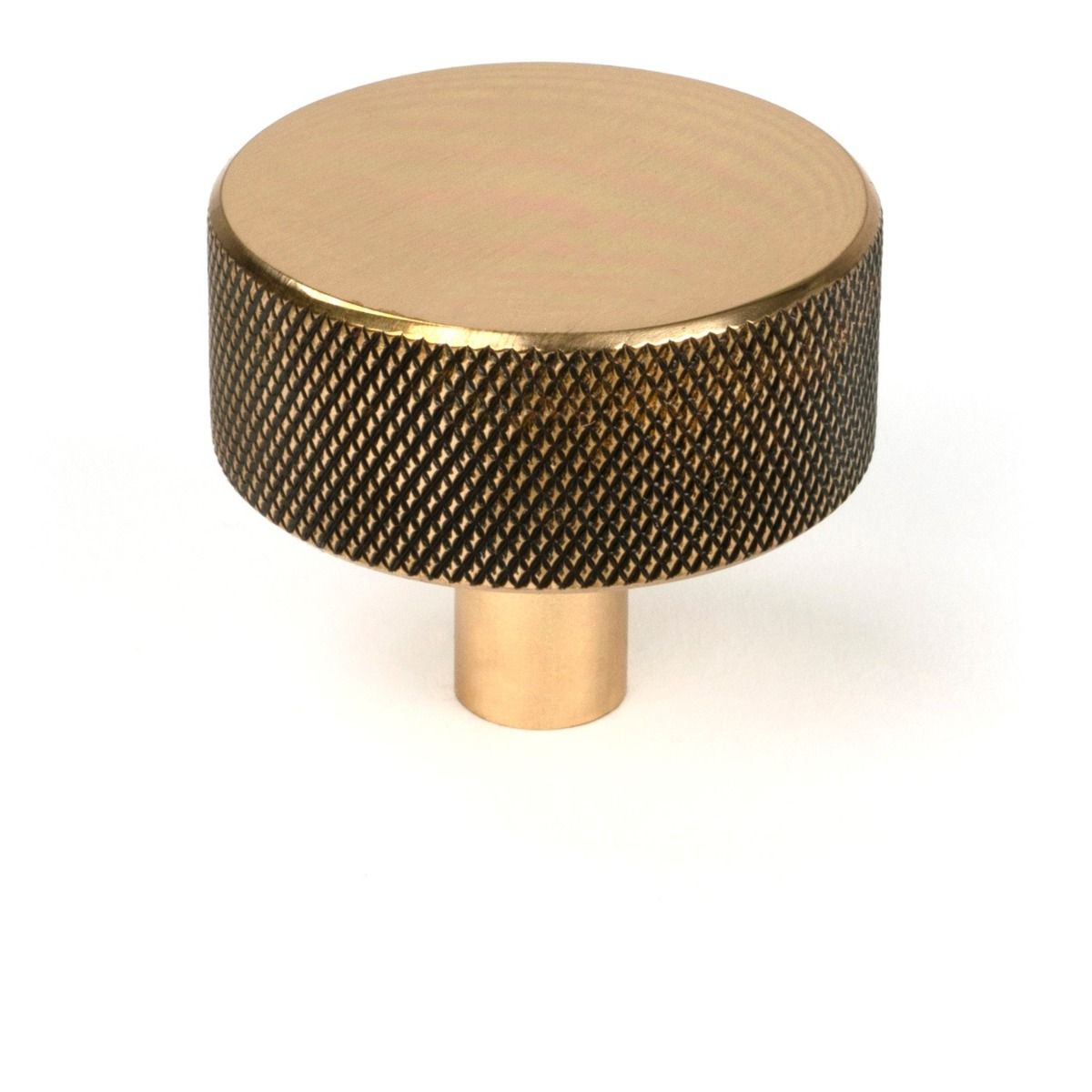 The 38mm Knurled Cabinet Knob (No Rose) in Polished Bronze Shown Upright on a White Background