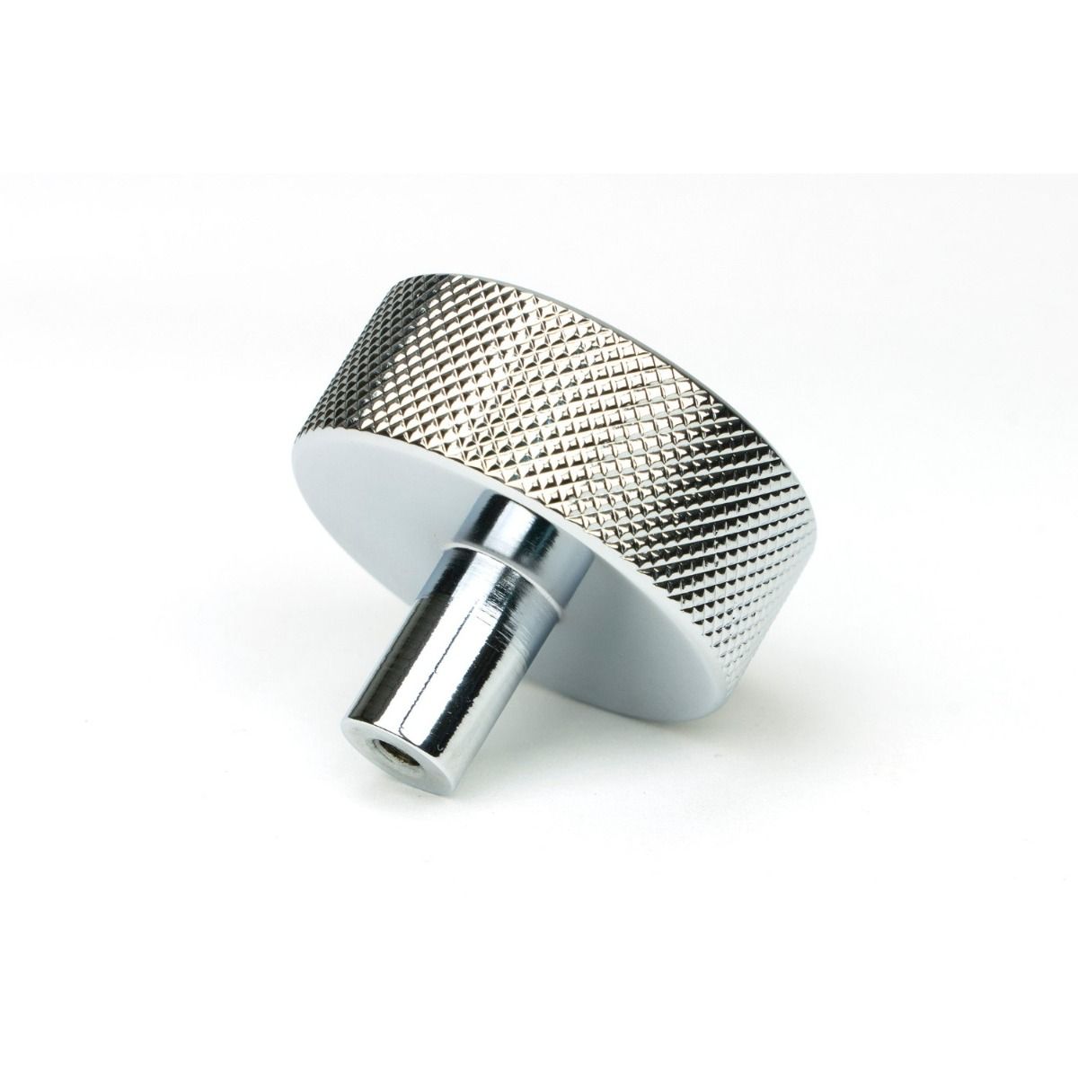 The 38mm Knurled Cabinet Knob (No Rose) in Polished Chrome Shown from Behind on a White Background