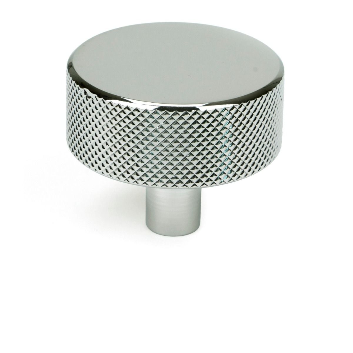 The 38mm Knurled Cabinet Knob (No Rose) in Polished Chrome Shown Upright on a White Background