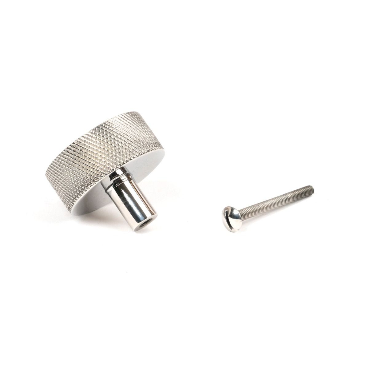 The 38mm Knurled Cabinet Knob (No Rose) in Polished Stainless Steel Showing the Separate Components and Supplied Fitting