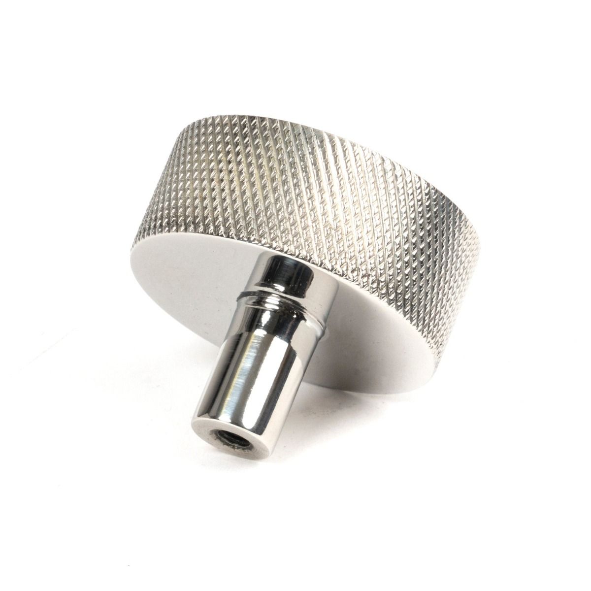 The 38mm Knurled Cabinet Knob (No Rose) in Polished Stainless Steel Shown from Behind on a White Background