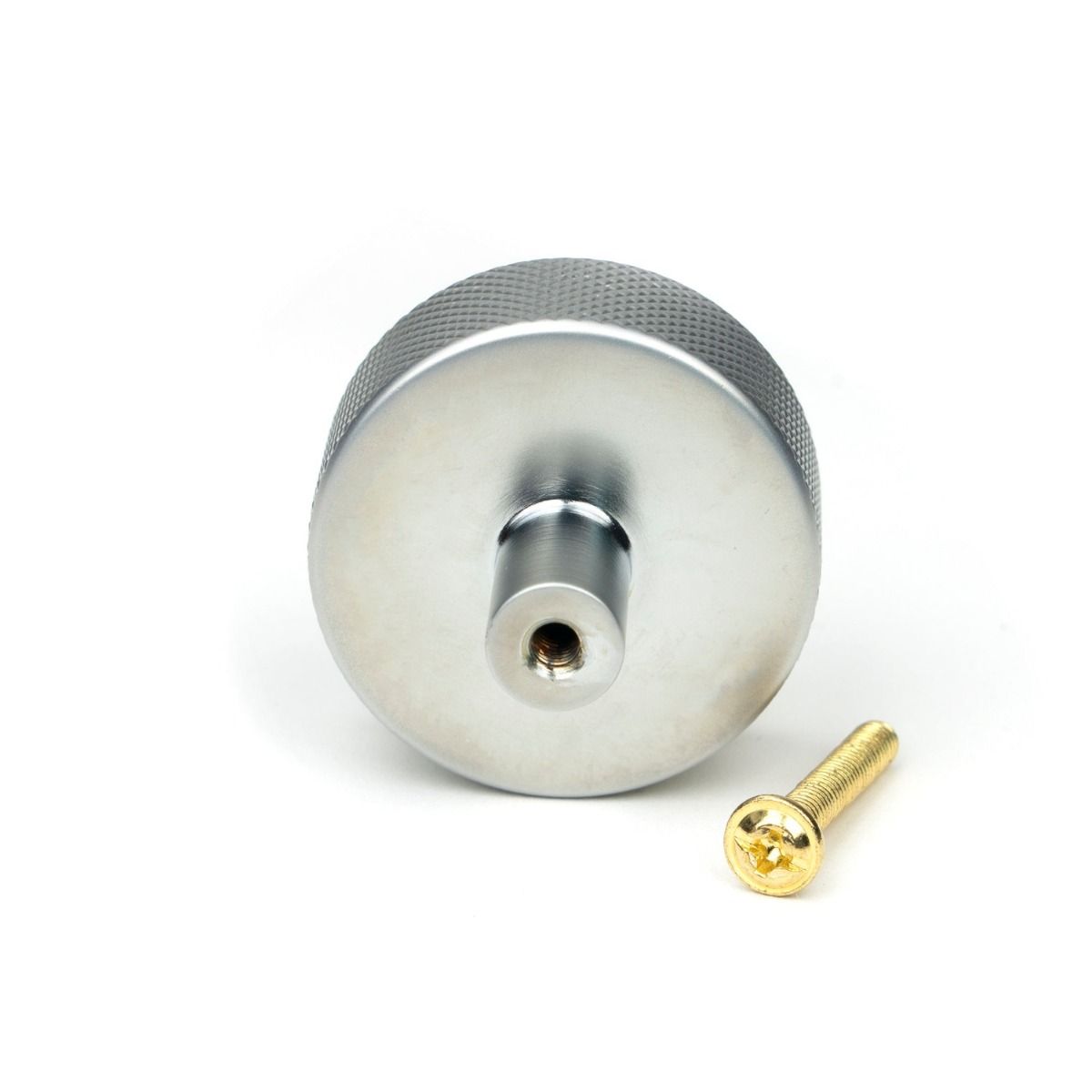 The 38mm Knurled Cabinet Knob (No Rose) in Satin Chrome Showing the Separate Components and Supplied Fitting