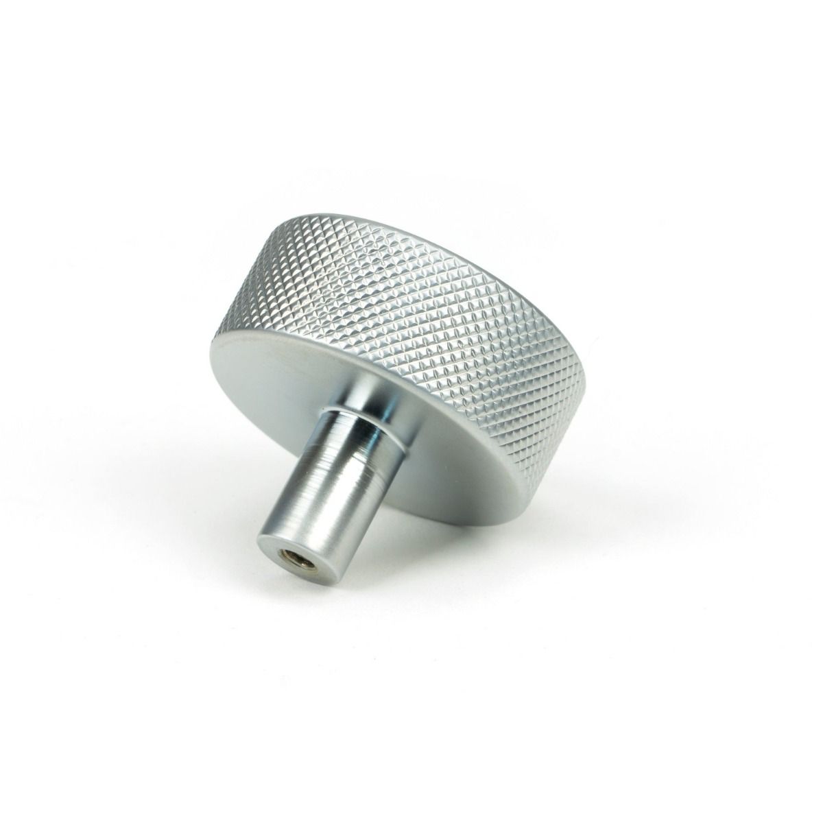 The 38mm Knurled Cabinet Knob (No Rose) in Satin Chrome Shown from Behind on a White Background