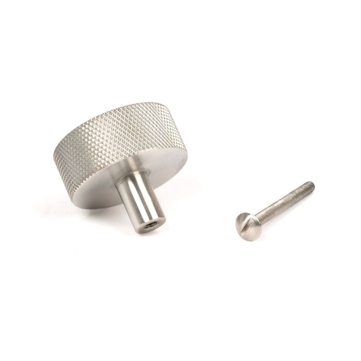 The 38mm Knurled Cabinet Knob (No Rose) in Satin Stainless Steel Showing the Separate Components and Supplied Fitting
