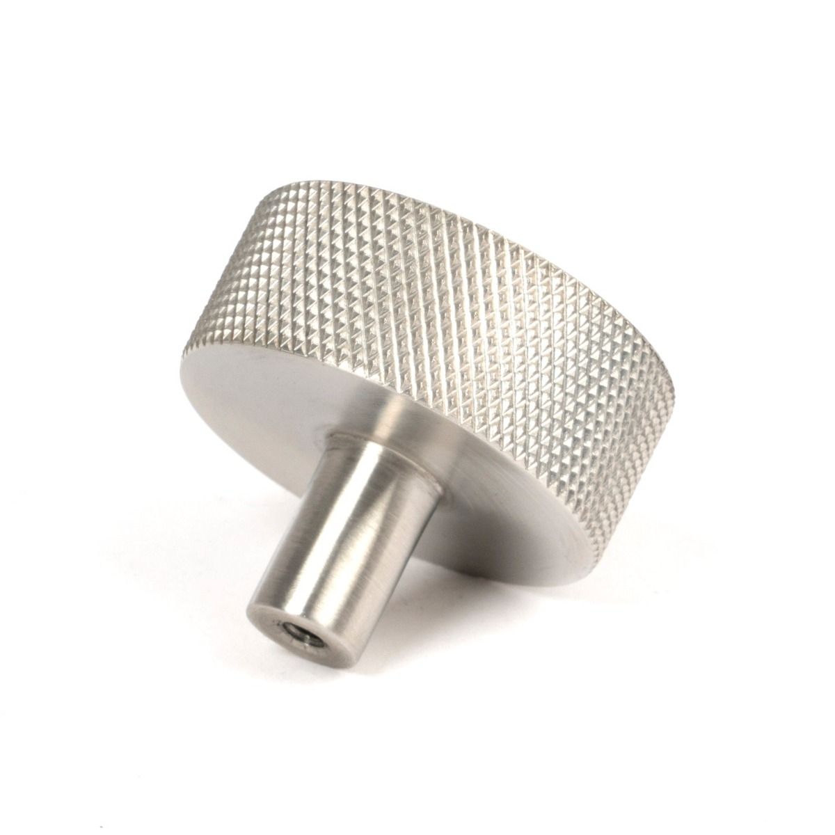 The 38mm Knurled Cabinet Knob (No Rose) in Satin Stainless Steel Shown from Behind on a White Background