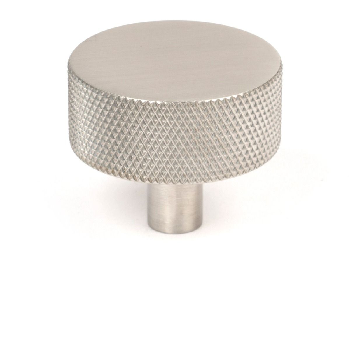 The 38mm Knurled Cabinet Knob (No Rose) in Satin Stainless Steel Shown Upright on a White Background