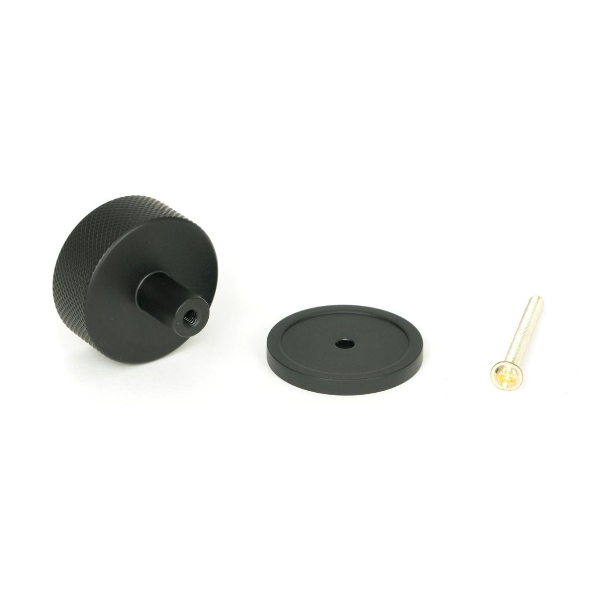 The 38mm Knurled Cabinet Knob on a Plain Rose in Matt Black Showing the Separate Components and Supplied Fitting