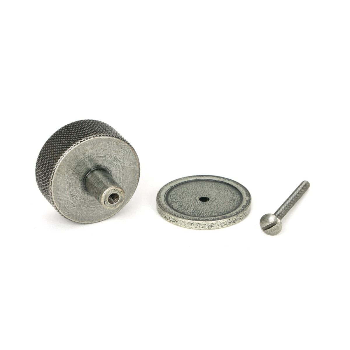 The 38mm Knurled Cabinet Knob on a Plain Rose in Pewter Showing the Separate Components and Supplied Fitting
